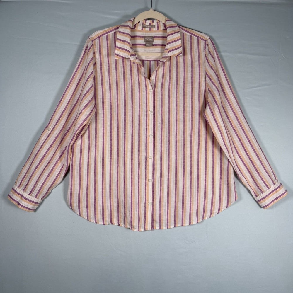 Chicos Size-2 Womens Shirt Linen Metallic Stripe No Iron White Peach‎